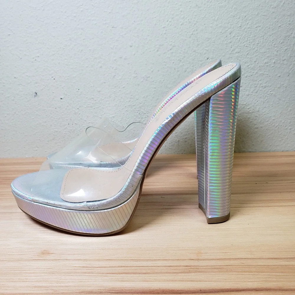 Shoe Dazzle Silver Holographic Platform Block Heels Clear Strap Rave Dancer Sz 8